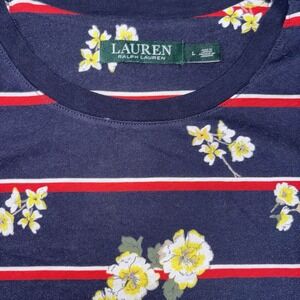 Lauren Ralph Lauren Floral Striped Tee Navy Red White Yellow Flowers Sz‎ L EUC